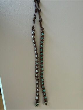 Chan Luu Brown Leather Bracelet Pair with Green and Light Pink Beads